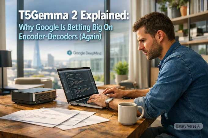 A Google engineer working on T5Gemma 2 code on a laptop in a bright office.