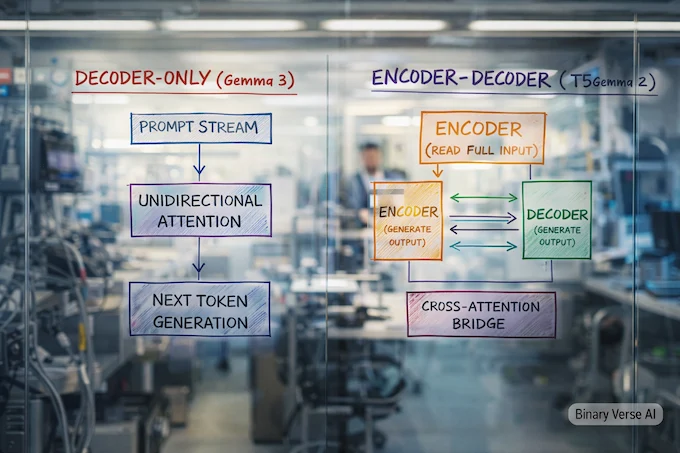 A glass whiteboard diagram comparing Decoder-Only vs Encoder-Decoder architectures.