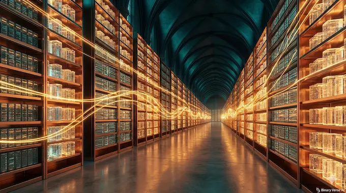 An infinite library of glowing server racks representing the ToolScale dataset.