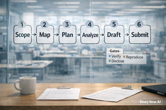 AI in scientific research workflow with verification gates.