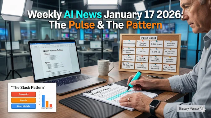 AI News January 17 2026 cover showing pulse-and-pattern desk