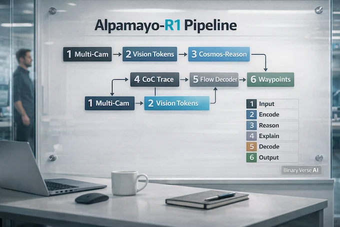 Alpamayo-R1 architecture diagram with CoC trace and waypoints