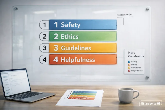 Claude’s Constitution priority stack infographic with Safety and Ethics