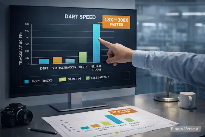 D4RT benchmark bars showing faster tracking throughput