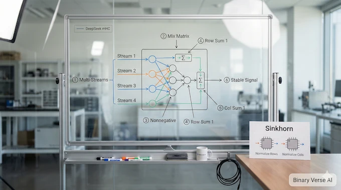 DeepSeek mHC diagram, constrained residual mixing.