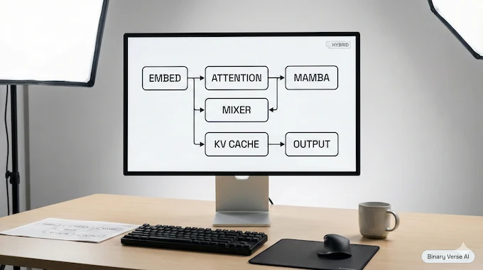Falcon H1R 7B hybrid Transformer–Mamba architecture infographic