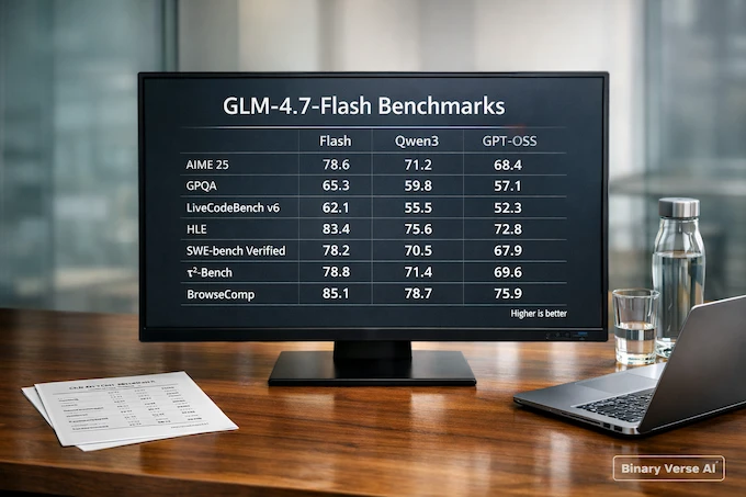 GLM-4.7-Flash benchmark table comparing three models