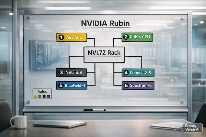 NVIDIA Rubin six-chip diagram on glass whiteboard