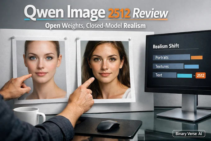 Qwen Image 2512 cover hero with realism shift infographic