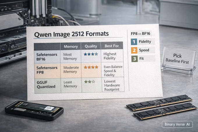 Qwen Image 2512 formats table, GGUF vs safetensors
