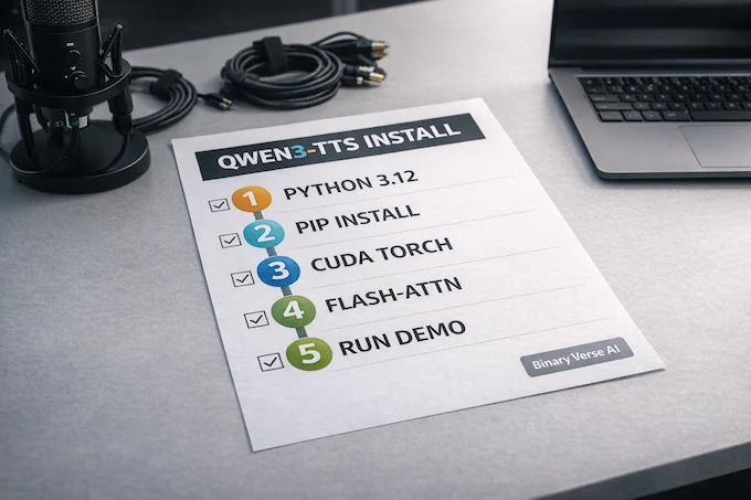 Qwen3-TTS install checklist poster on desk