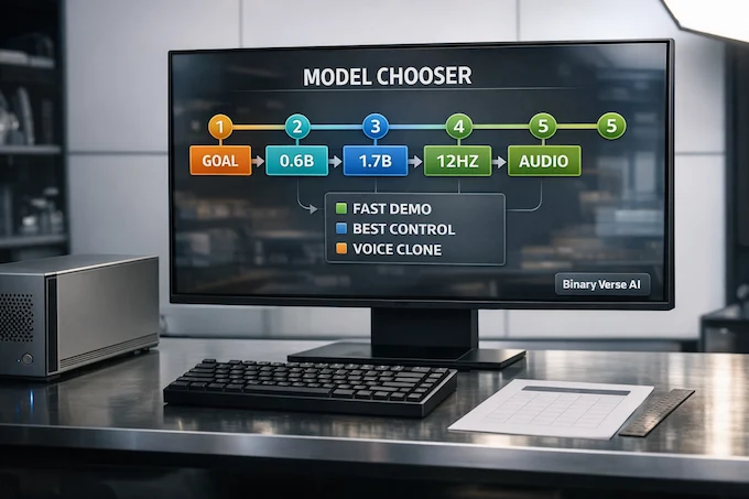 Qwen3-TTS model chooser infographic on monitor