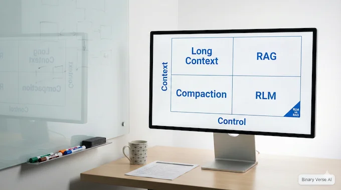 Recursive Language Models matrix comparing RLM vs RAG, compaction