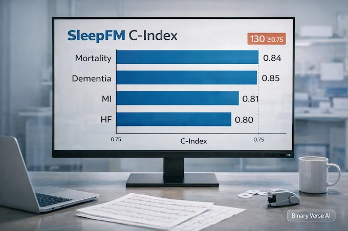 SleepFM benchmark chart for mortality and dementia risk