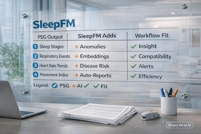 SleepFM infographic comparing PSG outputs and workflow gains