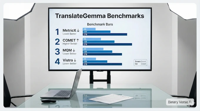 TranslateGemma benchmark bars for MetricX COMET MQM Vistra.