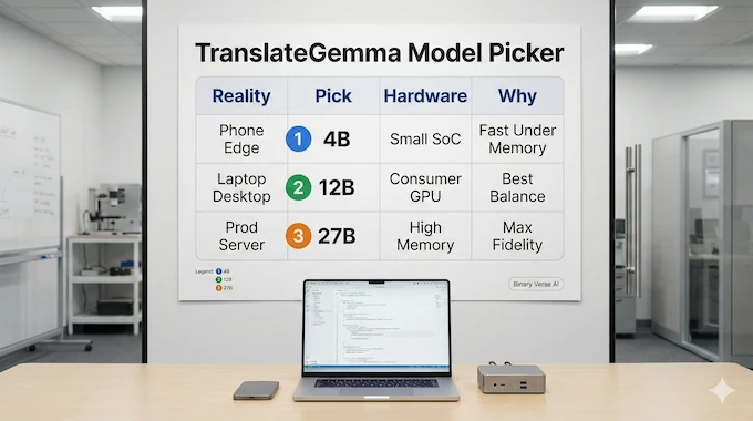 TranslateGemma model picker table for 4B 12B 27B.