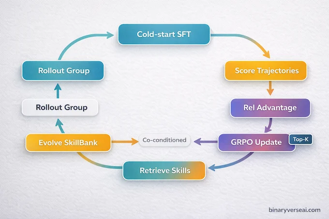 Agentic Memory infographic of GRPO loop with skill retrieval and weight updates