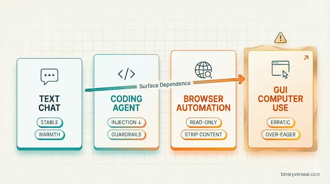 AI model welfare infographic: agent behavior shifts across surfaces—text, code, browser, GUI computer use