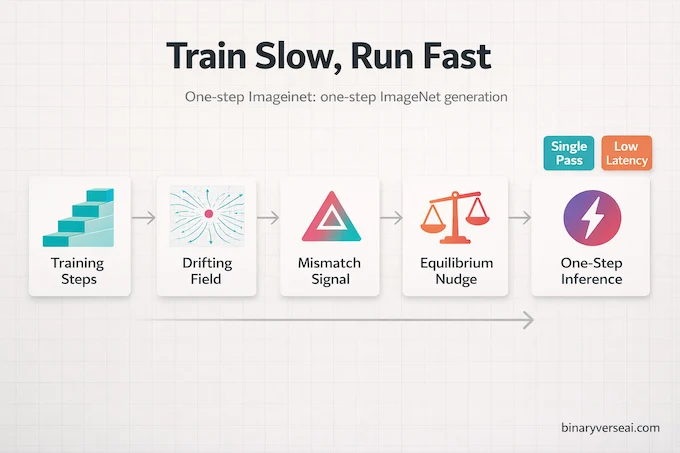 AI News February 14 2026: Drifting Models one-step ImageNet generation infographic with drift-to-inference flow.