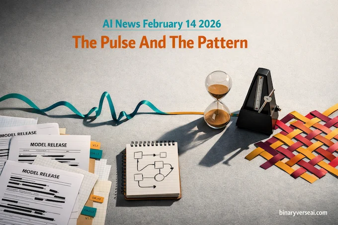 AI News February 14 2026 feature image — The Pulse And The Pattern on a modern AI newsroom desk.