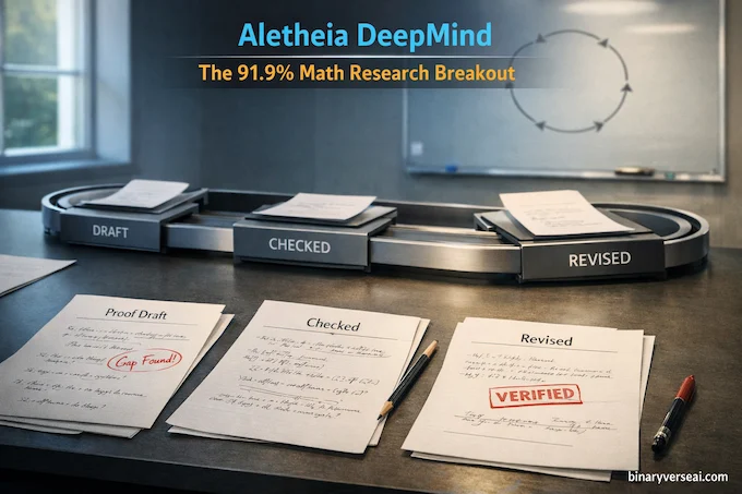 Aletheia DeepMind feature image showing iterative proof drafting and verification workflow behind the 91.9% breakout.