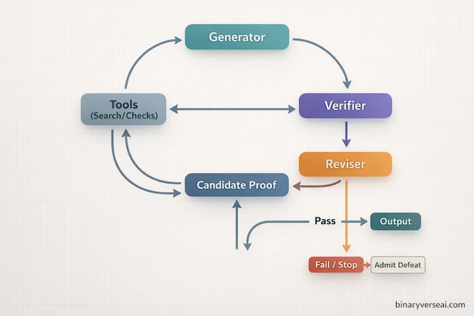 Aletheia DeepMind architecture infographic showing the generator–verifier–reviser loop.