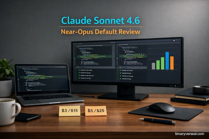 Claude Sonnet 4.6 feature image showing dev workflow, benchmarks and pricing concept in a clean editorial workstation scene.