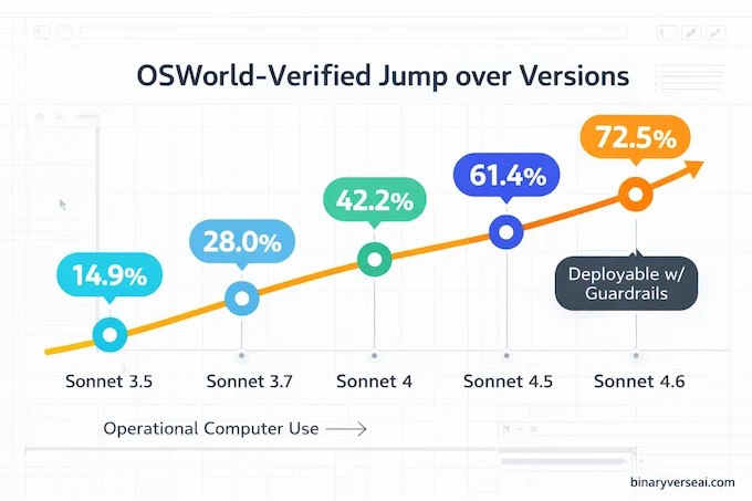 Claude Sonnet 4.6 OSWorld-Verified infographic showing version timeline and rising scores for computer use.