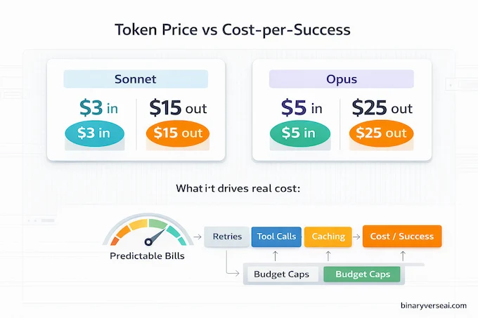 Claude Sonnet 4.6 pricing infographic comparing token rates and showing cost-per-success drivers for scaling.