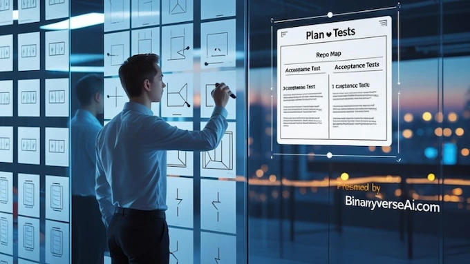 Codex 5.3 vs Opus 4.6 planning scene with long-context architecture map and acceptance tests on glass.
