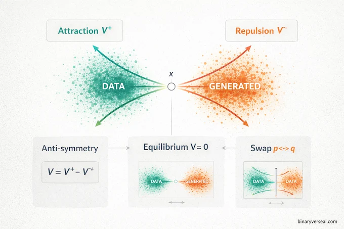 Drifting Models anti-symmetry infographic showing attraction vs repulsion and equilibrium V=0.