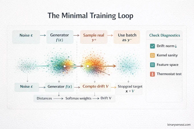 Drifting Models implementation path infographic showing training loop steps and debugging sanity checks.