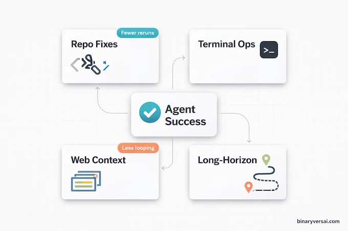 GLM-5 infographic for The 60-Second Benchmark Verdict—repo fixes, terminal ops, web context, long-horizon