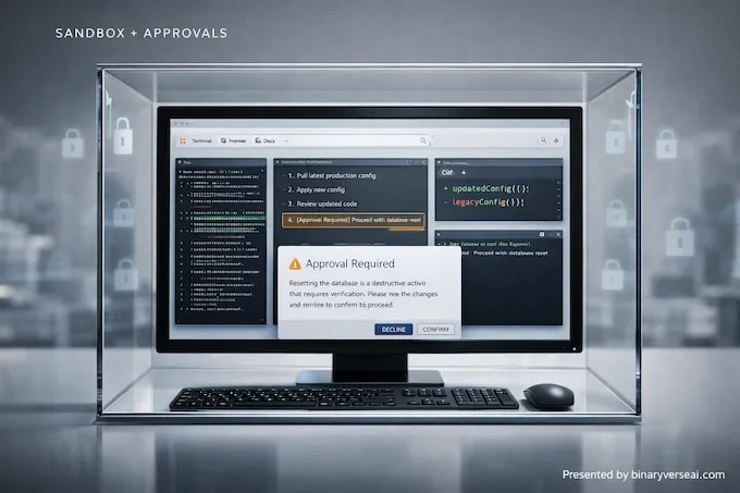 GPT 5.3 Codex OSWorld-style workflow image showing a sandboxed desktop, diff review, and approval checkpoints.