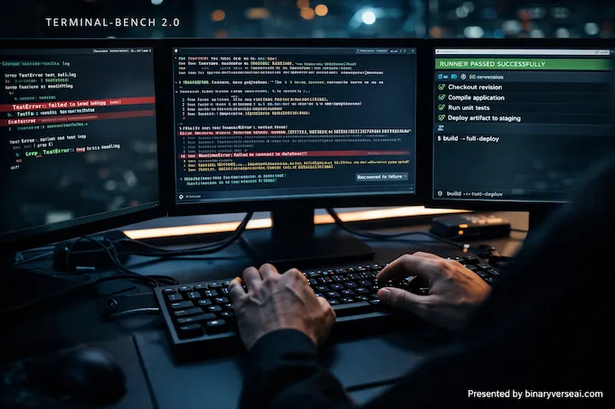 GPT 5.3 Codex terminal-bench scene with crisp commands, logs, and CI results in a modern SRE war-room.