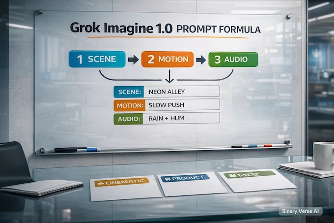 Grok Imagine 1.0 prompt formula scene motion audio infographic