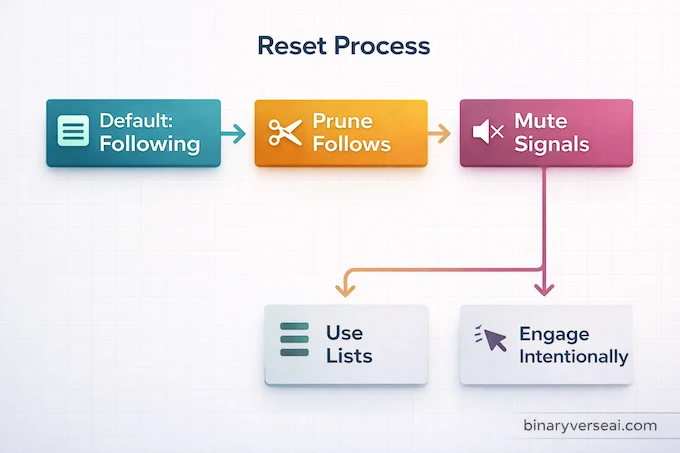 Is X biased infographic for How To Reset X Algorithm with steps: Following, Prune Follows, Mute Signals