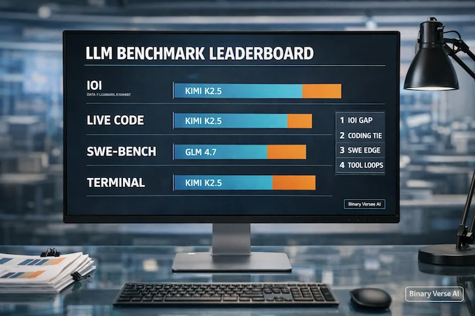 Kimi K2.5 vs GLM 4.7 leaderboard bars for key benchmarks