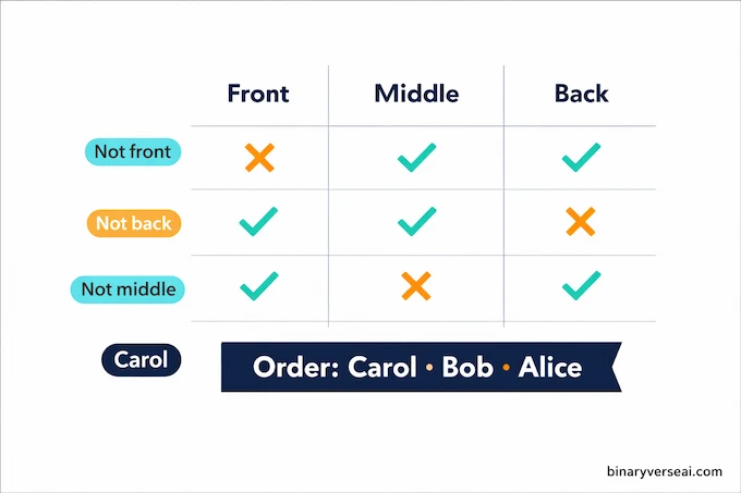 LLaDA2.1-mini Test #2, Logic Puzzle infographic solving lineup order: Carol, Bob, Alice.