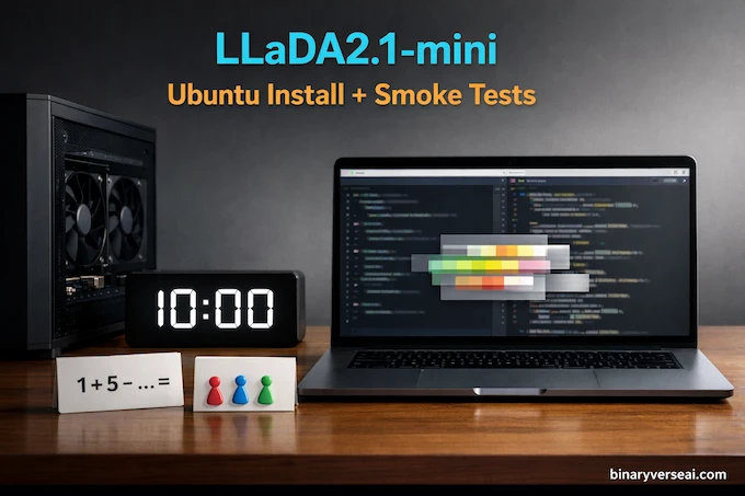 LLaDA2.1-mini Ubuntu install scene with timer and math + logic smoke test cues.