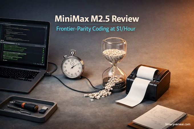 MiniMax M2.5 feature image: frontier-parity coding at $1/hour visualized with tokens, timer, and dev desk.