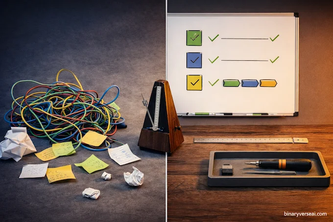 MiniMax M2.5 What Changed From M2.1 To M2.5: chaotic-to-ordered workflow scene showing better completion.