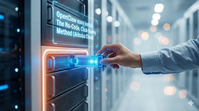 Hand inserting module into a cloud server with an OpenClaw easy install holographic heading.