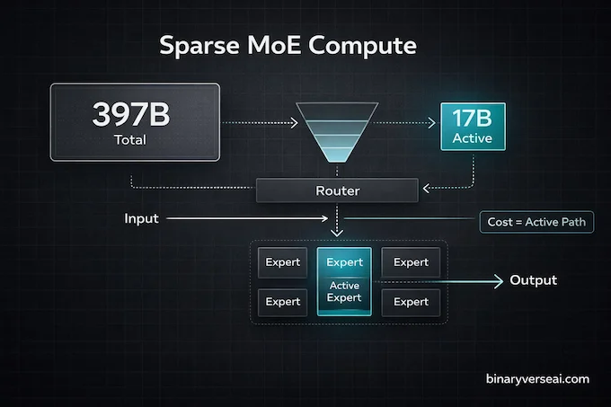 Qwen3.5 infographic: 397B total vs 17B active sparse routing and why it affects cost and latency.