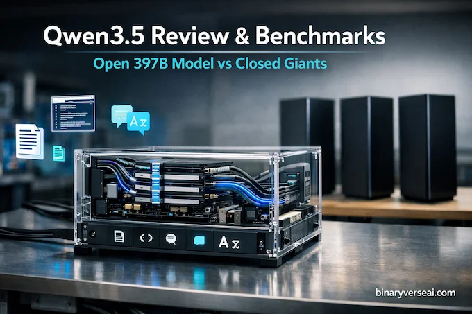 Qwen3.5 feature image: open modular model outperforming closed giants in a clean lab scene.