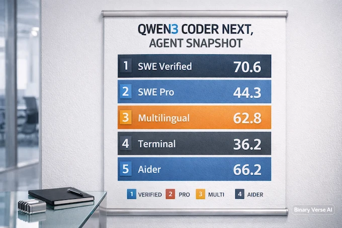 Qwen3 Coder Next benchmark snapshot poster with key scores