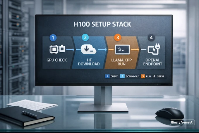 Qwen3 Coder Next H100 setup flow on studio monitor