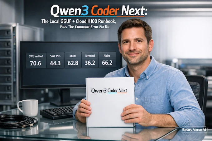 Qwen3 Coder Next runbook cover with H100 and benchmark tiles