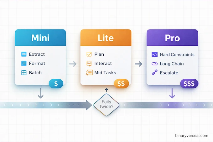 Seed2.0 routing infographic: Pro vs Lite vs Mini policy for production orchestration and escalation flow.